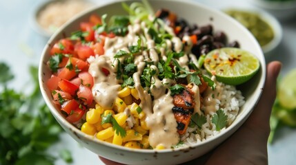 Hand Holding Vibrant Burrito Bowl 