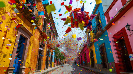 Fototapeta premium una calle pintoresca de un publo de mexico con una piñata colgada en dias festivos con confeti colorido cayendo por el aire diversion y festejo