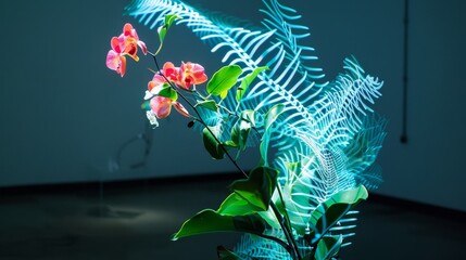 Experimental art installation featuring a blend of organic and mechanical elements, glowing bioluminescent plants intertwined with robotic limbs in a dark room