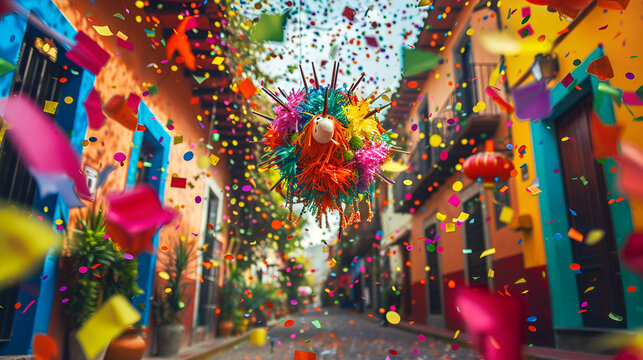 pi&ntilde;ata colgada entre las calles de un pueblo mexicano casas pintorescas y coloridas pi&ntilde;ata y confeti colorido decorando las calles