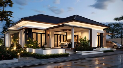 Fototapeta premium Modern Minimalist House Design with Car and Landscape