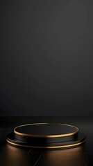 Golden Lines and Round Podium on Black Background

