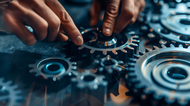 hombre manipulando unos engranajes haciendo que los engranes se unan tecnica y tecnologia ingenieria industrial trabajo en equipo union y fuerza