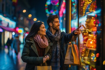 A joyful couple is shopping for the holidays in a vibrant city decorated with festive lights and decorations, spreading cheer and celebrating the season together in the lively urban setting
