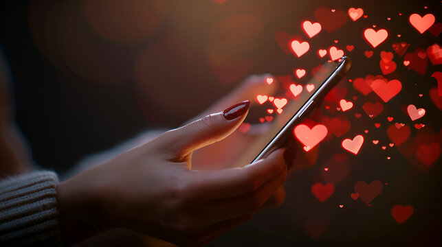 corazones saliendo del celular inteligente usando el celular adiccion al celular movil