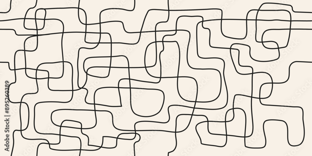 Poster Black curved doodle lines repeating seamlessly to create a casual pattern. Doodle line vector.