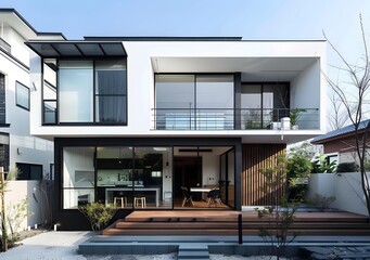 Modern Minimalist Home with Large Windows and Wooden Deck