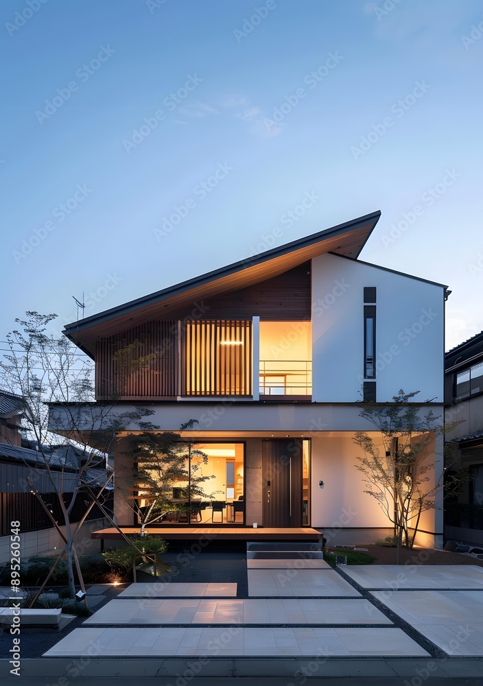 Poster Modern Japanese Style House with Wooden Facade and Large Windows