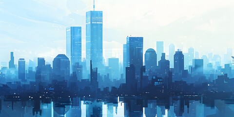 Modern city skyline with tall buildings and blue colors under cloudy sky.

