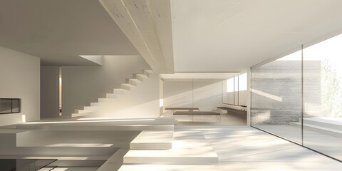 Obraz premium Minimalist Modern Home Interior Design With Staircase And Large Window