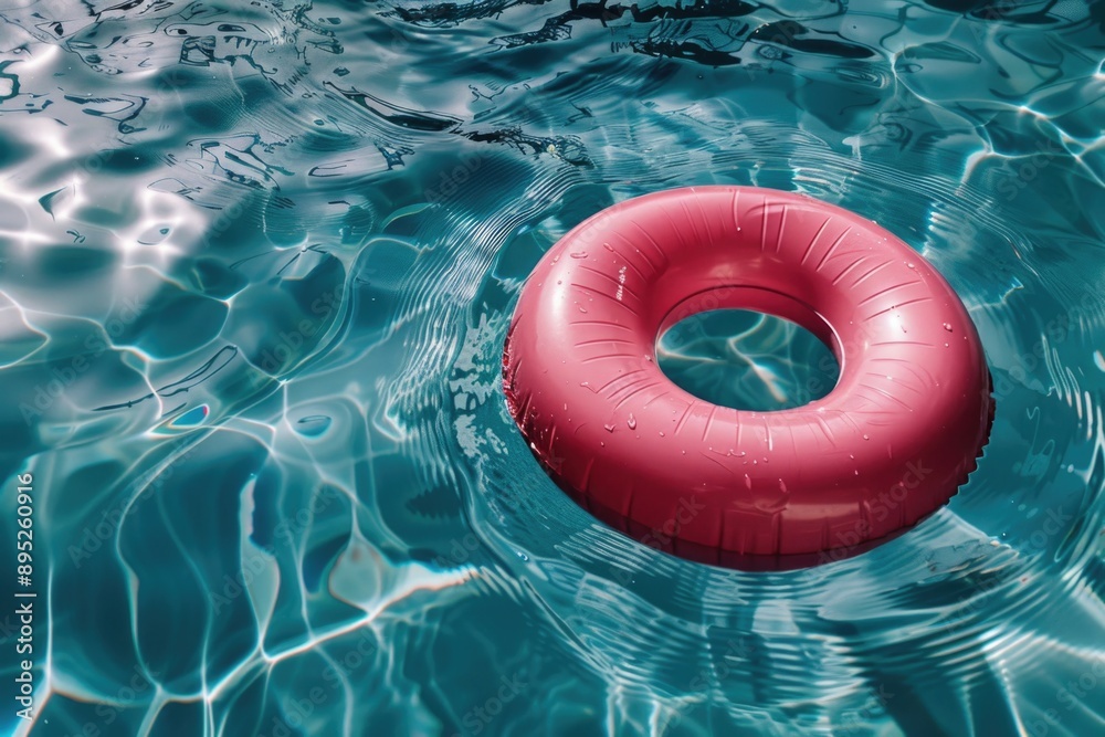 Poster a bright red inflatable ring floats on the surface of a calm pool, perfect for summer fun or pool pa