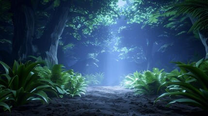 Fototapeta premium Detailed 3D model of an ancient, mystical forest with giant trees, glowing plants, and magical creatures roaming around