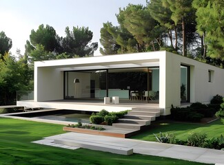 Modern White House With Swimming Pool And Lush Green Garden