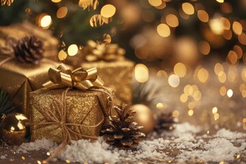 Enhance your Christmas with luxurious golden gifts, ornaments, and sparkling lights to create a warm and joyous festive atmosphere, filled with cheer and elegance in the winter season