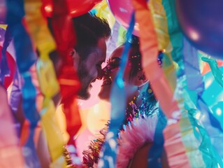 Obraz premium A romantic moment between two people surrounded by colorful balloons, perfect for celebrating special occasions or conveying love