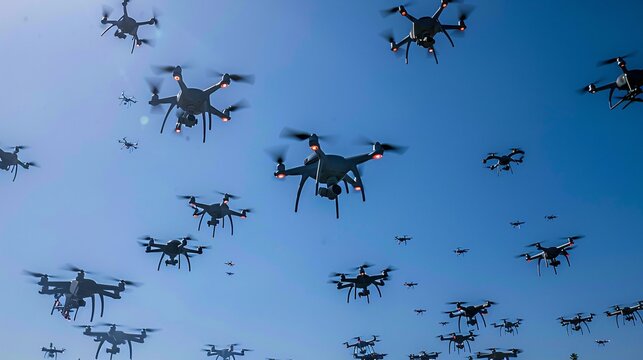 A swarm of drones flying in formation against a clear blue sky, demonstrating the increasing use of unmanned aerial vehicles for coordinated photography and data collection.