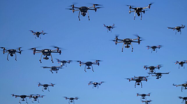 A swarm of drones flying in formation against a clear blue sky, demonstrating the increasing use of unmanned aerial vehicles for coordinated photography and data collection.