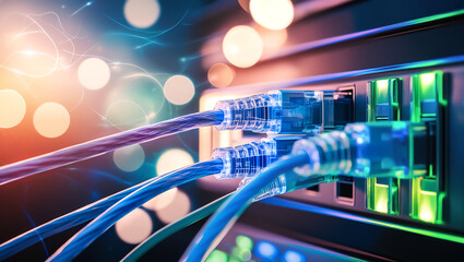 Data cables transferring information. Technology background, concept of data transfer using FTP cables, data cables, connecting to a server, connecting to the Internet.