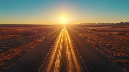 Fototapeta premium A straight stretch of highway cutting across a vast desert landscape, with the rising sun casting long shadows from the few vehicles traveling across its expanse.