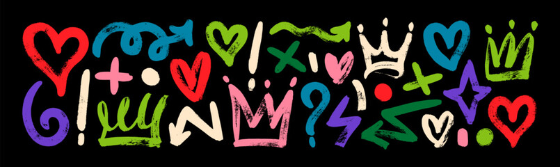 Collection of multi colored brush drawn symbols.