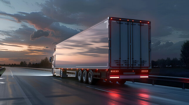 trailer o camion industrial de carga pesada manejando y conduciendo por la carretera en la noche camion de carga en movimiento contenedores industriales