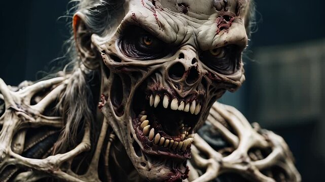 A monstrous zombie with exposed bones and decaying flesh stares directly at the camera, horror, imitation, halloween mood