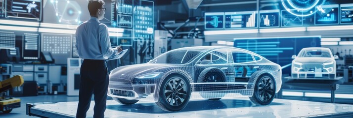 Embark on an immersive journey into a futuristic car design world within a cuttingedge hightech laboratory. Utilize holographic interface and advanced tools to craft pioneering automotive concepts