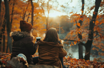 Naklejka premium Two women with cups of coffee sit by the water in a park among orange autumn leaves
