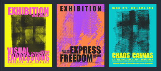 Punk style set of posters with halftone texture and typography. Distorted grunge layers. Design for brochure, social media, posters, template. © Anastasiia Hevko