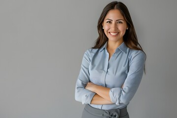 Happy Latina Business Woman in Blue Shirt and Grey Skirt