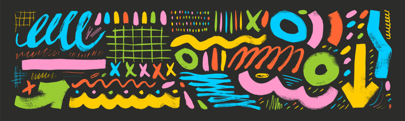 Hand drawn colorful doodle scribble set, various brush strokes, arrows, grids and squiggles. Crayon underlines and marker doodle rough scratches. Grungy smears and rough crayon strokes, circles.