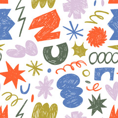 Kid's seamless pattern with funky geometric shapes drawn with color crayons. Various bold scribble forms and basic shapes, stars, clouds and squiggles. Naive playful wallpaper in retro cartoon style.