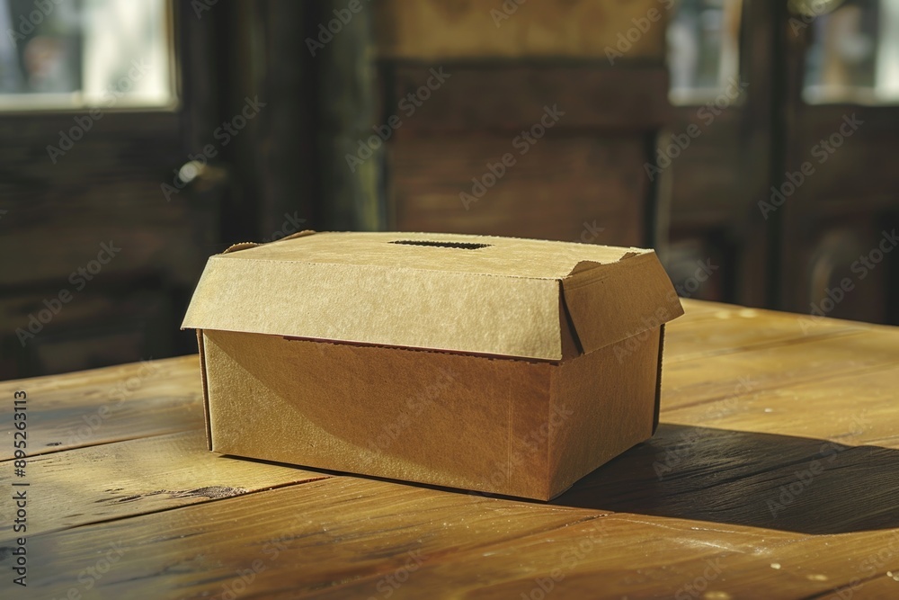 Poster a simple brown box resting on a wooden table, ready for use or storage