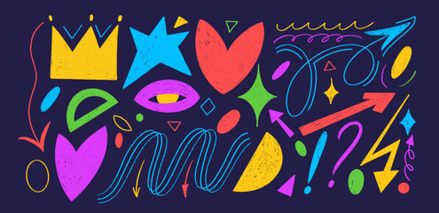Y2k abstract crayon shape set. Funky stickers, colorful futuristic elements. Crown, star, heart and arrows. Naive playful label shape set. Collection of cute and funny girly illustrations.