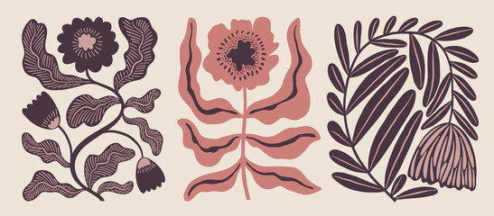 Decorative contemporary elegant flowers in matisse style with ornaments. Abstract pastel colored decorative flowers, naive organic shapes. Aesthetic modern vector doodle illustration. © Anastasiia Hevko