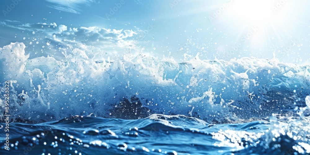 Poster a powerful wave crashes into the calm blue ocean, creating a dramatic scene