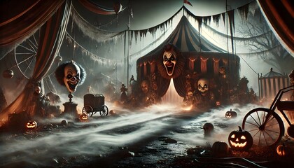 Spooky Halloween Circus Tent with Jack-o'-Lanterns Background, Skeleton, Bats, and Cobwebs in a Foggy Night Setting - Perfect for Halloween Themes