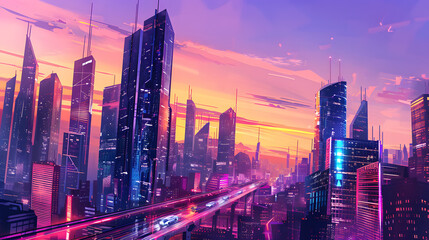 Obraz premium Futuristic Cityscape with Neon Lighting and High-Rise Buildings at Sunset, AI-Generated Urban Landscape with Holograms and Digital Interfaces, Smart Technology Integration