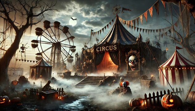 Spooky Halloween Circus Tent with Jack-o'-Lanterns Background, Skeleton, Bats, and Cobwebs in a Foggy Night Setting - Perfect for Halloween Themes