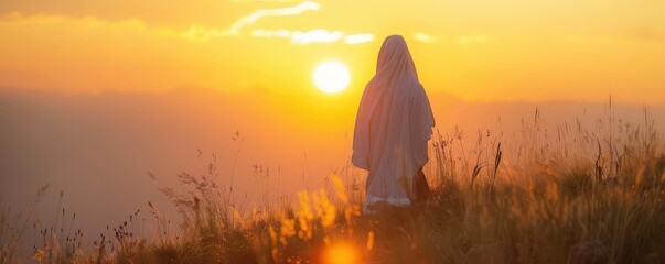 Obraz premium Jesus Gazing at Sunrise - Symbol of Hope and Renewal - Inspirational Religious Imagery
