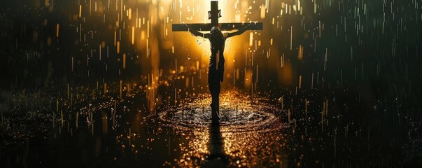 Rainy Crucifixion Scene - Jesus's Final Moments on the Cross - Atmospheric Depiction of Sacrifice and Sorrow