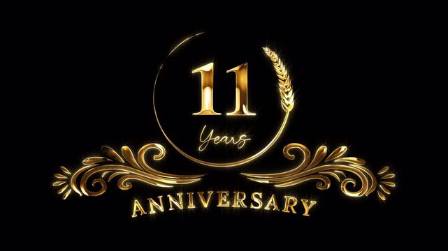 11th Anniversary Celebration. Happy 11 Years Anniversary Animation in Gold Color on the Transparent Background, Alpha Channel. Great for greetings, celebrations, events, and gifts.