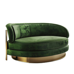 Modern Curved Sofa made of green velour and brass isolated on transparent background