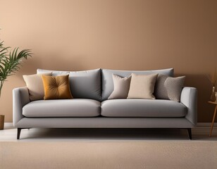 Gray modern couch in a plain beige brown wall