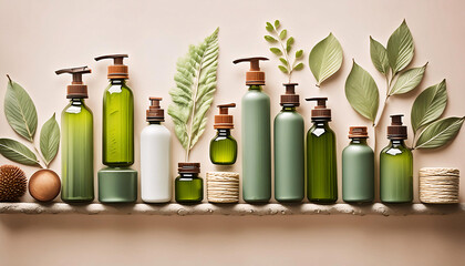 An eco-friendly lineup of vibrant beauty products with green leaves. Top view. Generative AI.
