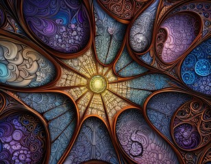 Abstract and geometric art piece inspired by the Mandelbrot set with colorful and intricate patterns, Generative AI.