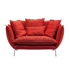 Fototapeta premium Red fabric sofa on brushed metal legs with pillows isolated on transparent background
