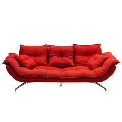 Fototapeta premium Red fabric sofa on brushed metal legs with pillows isolated on transparent background