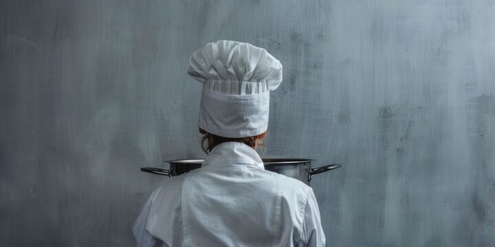 A woman in a chef's hat holds a tray with various dishes, perfect for a culinary scene or advertisement