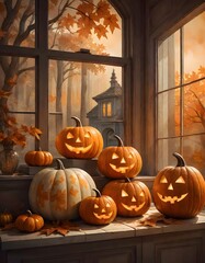 Obraz premium Spooky Halloween scene featuring carved pumpkin lanterns with glowing eyes and mouth set against haunted houses with lit windows, Generative AI.